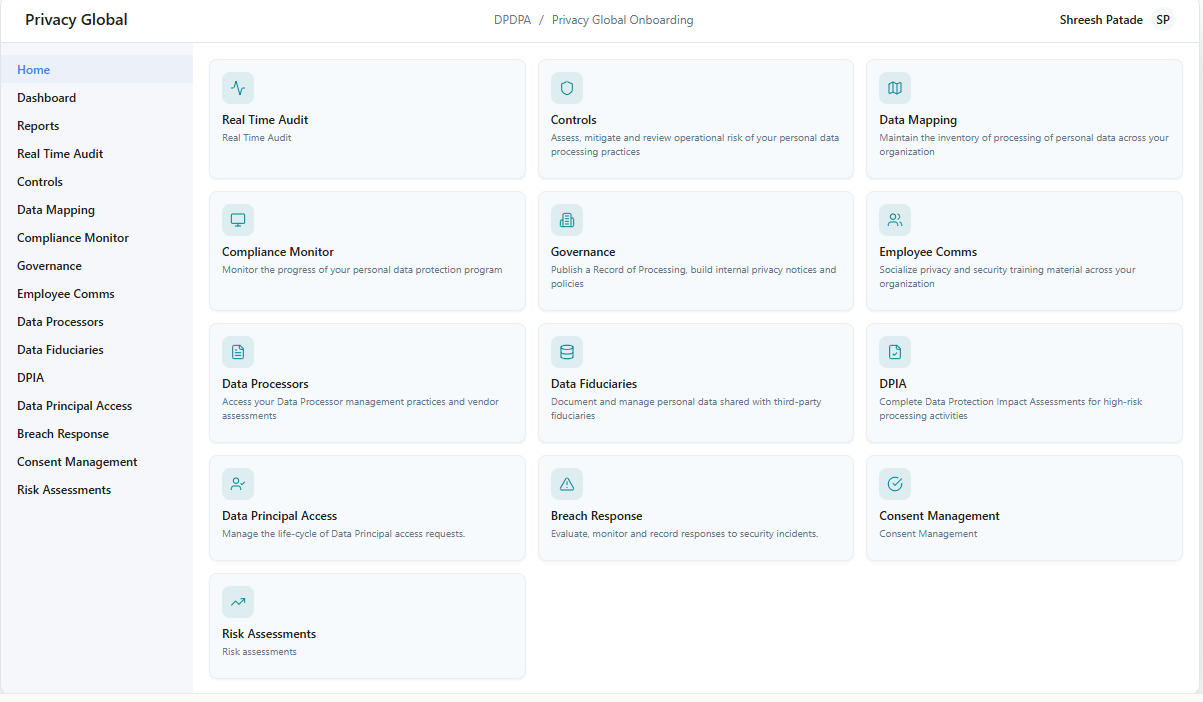 Automated Data Mapping Dashboard for DPDP Compliance Privacy Global dashboard module overview