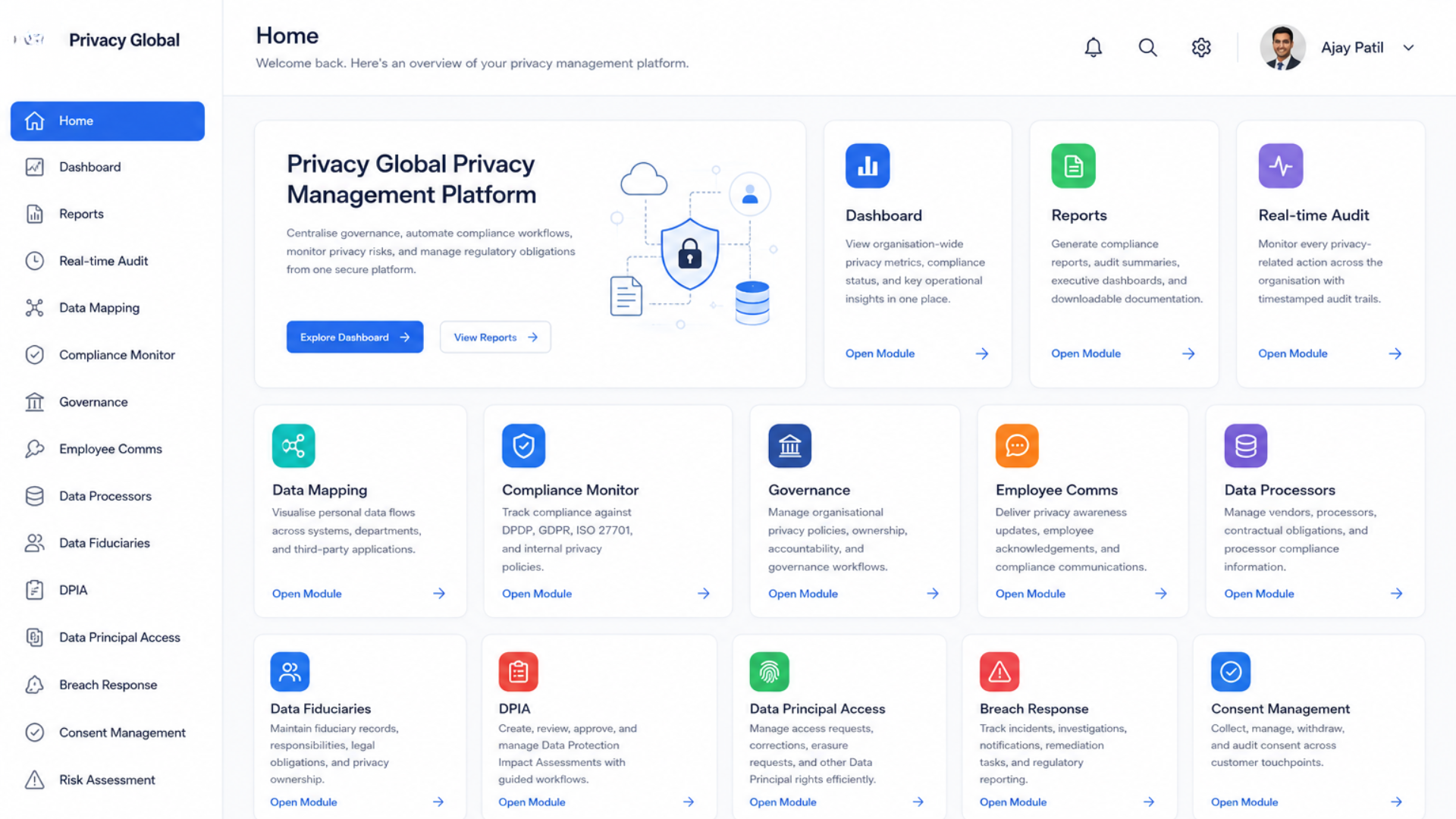 Privacy Governance Platform Modules Privacy Governance dashboard displaying Consent Management, RoPA, DPIA, Vendor Risk Assessment, and Data Subject Rights modules.